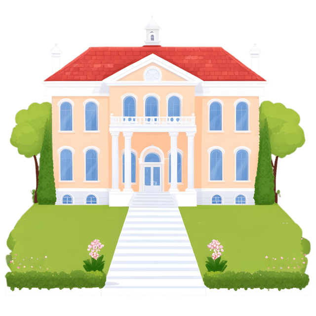 Free transparent PNG: Grand Mansion with Columns and Garden PNG Transparent Background