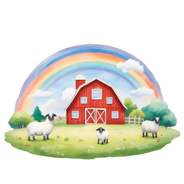 Free transparent PNG: Vibrant Farm with Fluffy Sheep and Rainbow Sky PNG