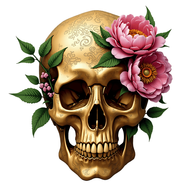 Free transparent PNG: Magnificent Gold Floral Skull with Intricate Vines and Blooming Peonies PNG