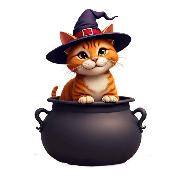 Free transparent PNG: Funny Witch's Cat on Cauldron PNG Transparent Background