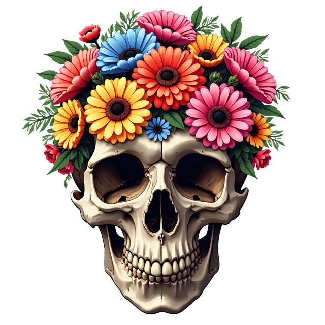 Free transparent PNG: Colorful Flowers and Skull PNG with Transparent Background