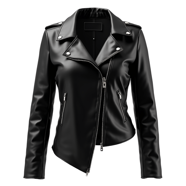 Free transparent PNG: Black Leather Jacket with Zippers and Asymmetrical Hem - Realistic Illustration on White Background