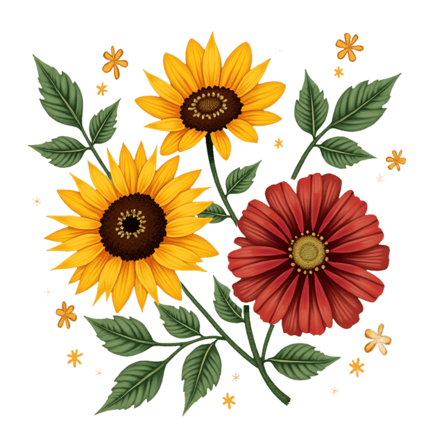 Free transparent PNG: Golden Sunflowers with Deep Maroon Zinnias  Garden Clipart, free downloadable png