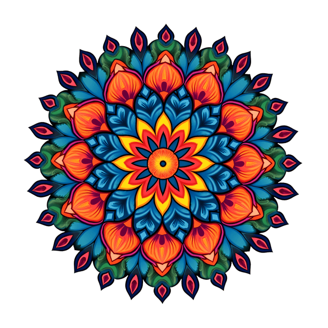 Free transparent PNG: Colorful Symmetrical Mandala Illustration with Overlapping Shapes and Detailed Designs