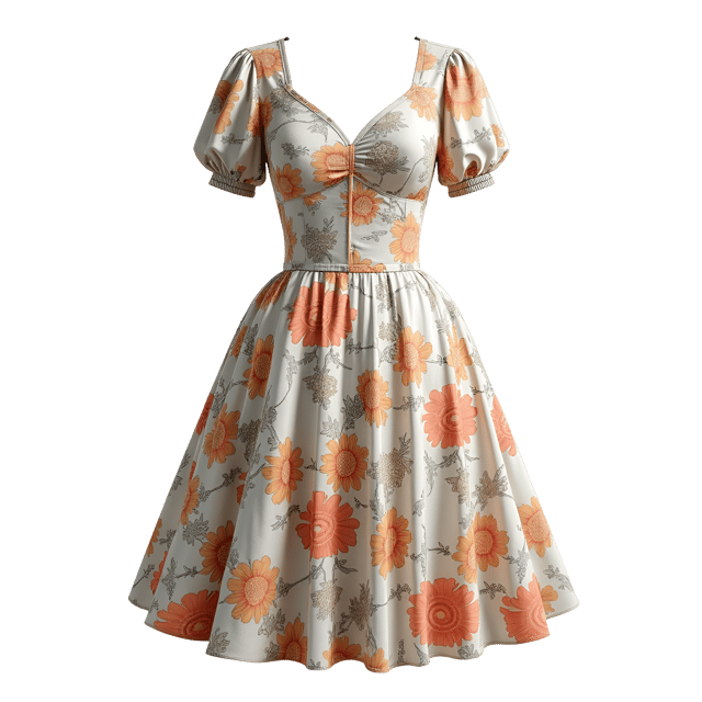 Free transparent PNG: Floral Print Dress with Empire Waist and Billowing Hem - Realistic Illustration on White Background