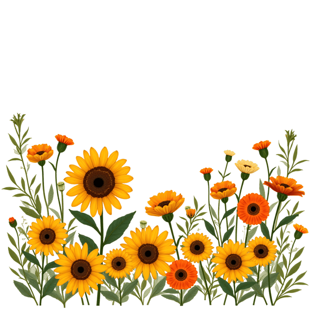 Free transparent PNG: Golden Flower Border with Yellow Sunflowers, Orange Calendulas, and Warm-Toned Zinnias Illustration
