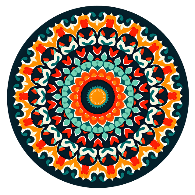 Free transparent PNG: Circular Mandala with Vibrant Symmetry and Repeating Shapes for Artistic and Decorative Use