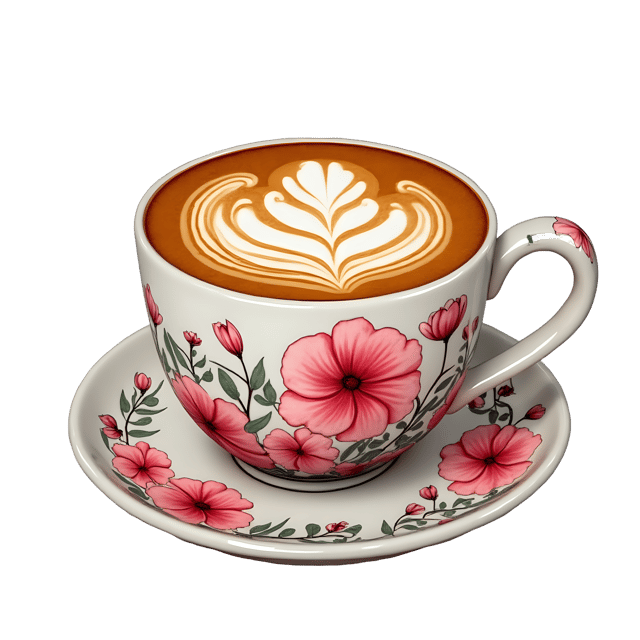 Free transparent PNG: Coffee Cup with Floral Latte Pattern  Unique Beverage Clipart, free high-quality png download