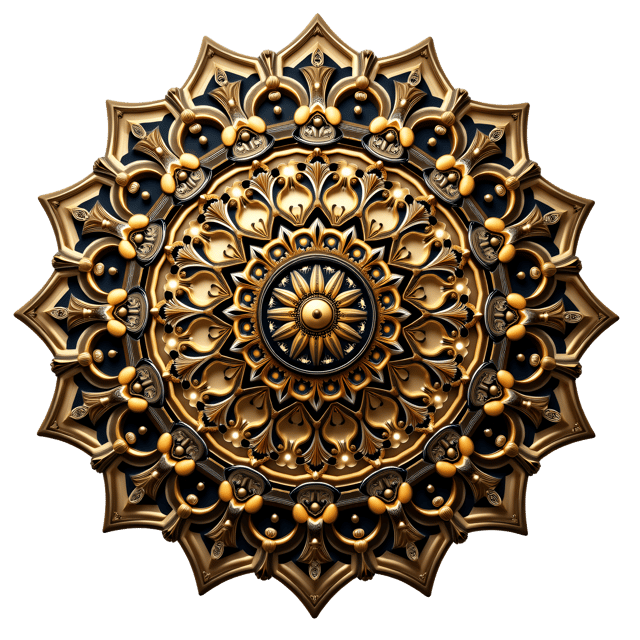 Free transparent PNG: Symmetrical Mandala with Intricate Spirals and Metallic Finishes on White Background