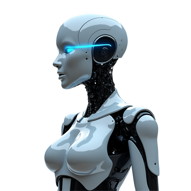 Free transparent PNG: Futuristic Humanoid Robot Illustration with Silver Body and Blue Eyes