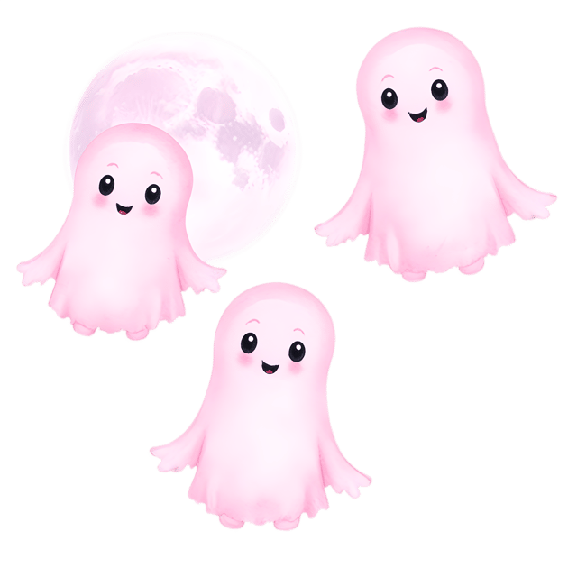 Free transparent PNG: Cheerful Pink Ghosts under Full Moon PNG for Kids Night Out Decor
