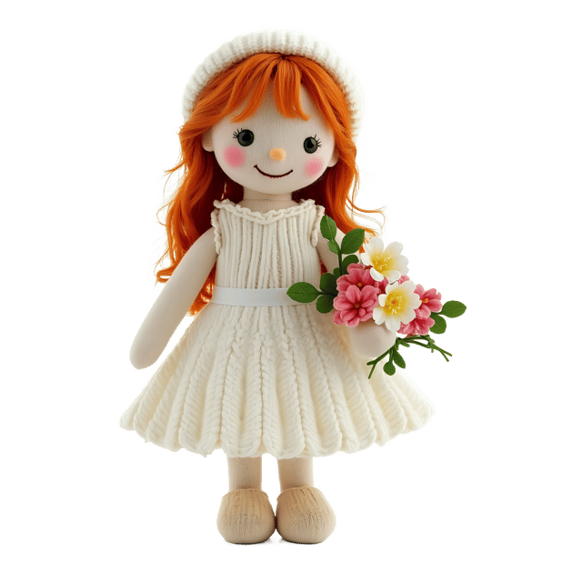 Free transparent PNG: Serene Knitted Doll PNG with White Dress and Flower Bouquet for Nursery Decor