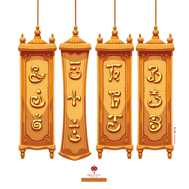 Free transparent PNG: Gilded Temple Banners with Zodiac Signs and Mantras on Transparent Background