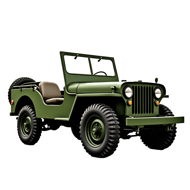 Free transparent PNG: 1940s Green Willys Jeep Military Illustration with Off-Road Tires on White Background