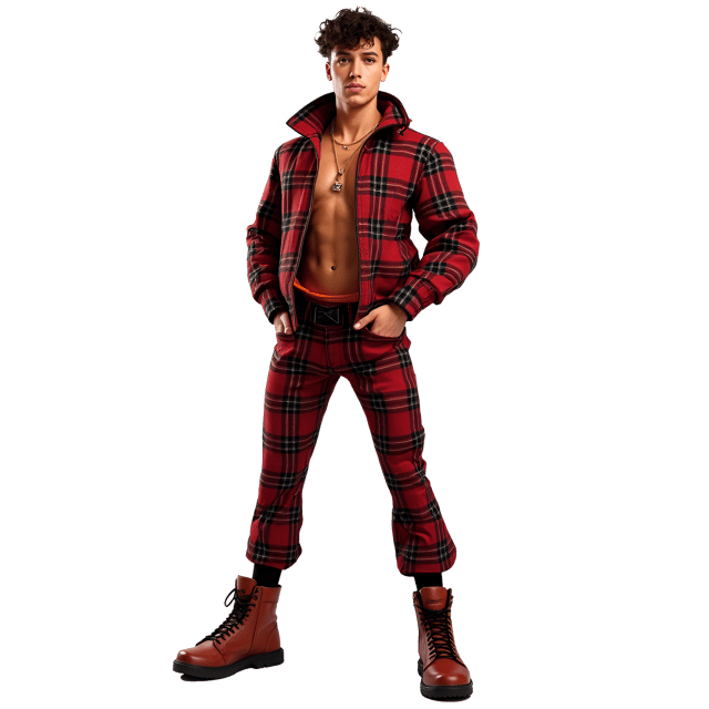 Free transparent PNG: Confident Humanoid in Bold Plaid Outfit - Realistic Illustration on White Background
