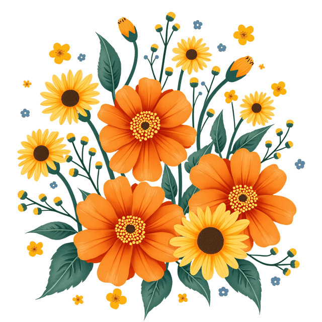 Free transparent PNG: Vibrant Dahlia, Sunflower, and Forget-Me-Not Bouquet Watercolor Illustration