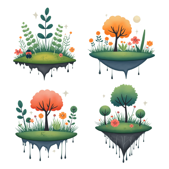 Free transparent PNG: 4 Colorful Sky Floating Ecosystems PNG Illustration for Decorative and Artistic Use