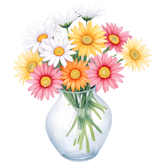 Free transparent PNG: Colorful Daisy Vase PNG with Transparent Background for Floral Design