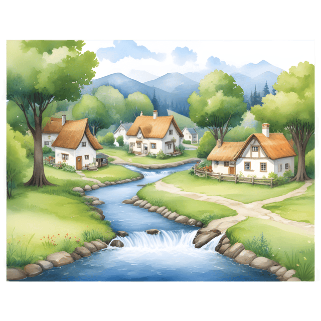Free transparent PNG: Quaint Village by a Stream PNG with Transparent Background for Art and Design