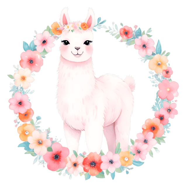 Free transparent PNG: Kawaii Llama PNG with Blossoms for Cute and Colorful Decorations