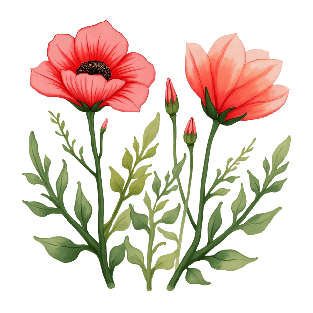 Free transparent PNG: Bright and Bold Flower Blooms with Swirly Hand-Drawn Stems and Leaves
