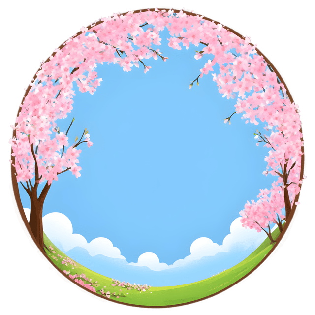 Free transparent PNG: Blossoming Cherry Trees Under Clear Blue Sky with Circular Frame PNG
