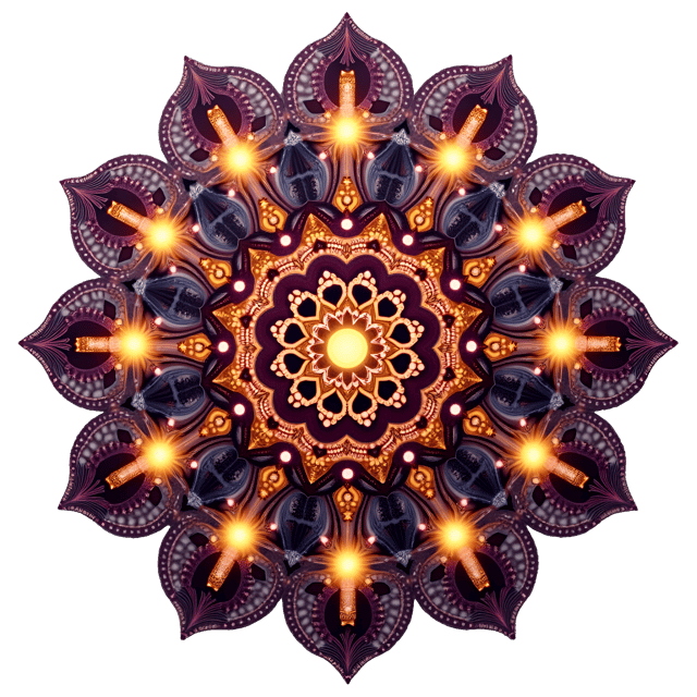 Free transparent PNG: Symmetrical Mandala with Intricate Beadwork and Glowing Halos on White Background
