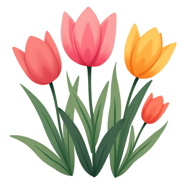 Free transparent PNG: FRESH TULIPS IN PINK, ORANGE, AND YELLOW WITH POINTED PETALS - WHIMSICAL CUTE CARTOON ILLUSTRATION