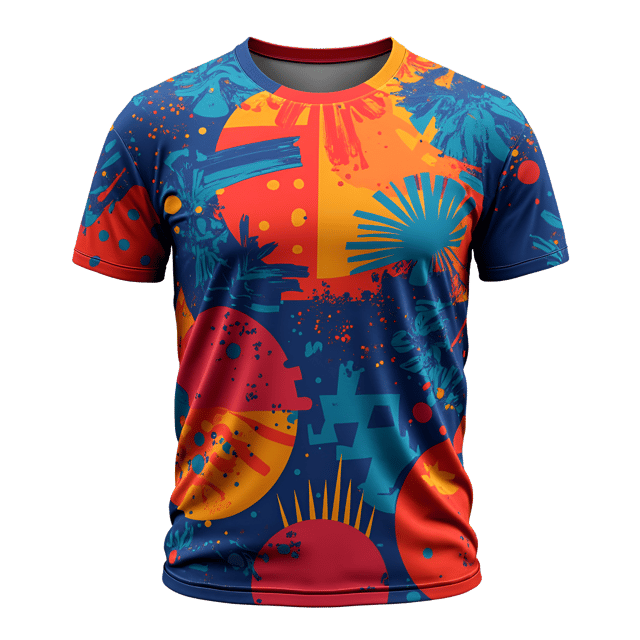Free transparent PNG: Abstract Geometric Pattern T-Shirt Design with Bold Colors and Vibrant Patterns on White Background
