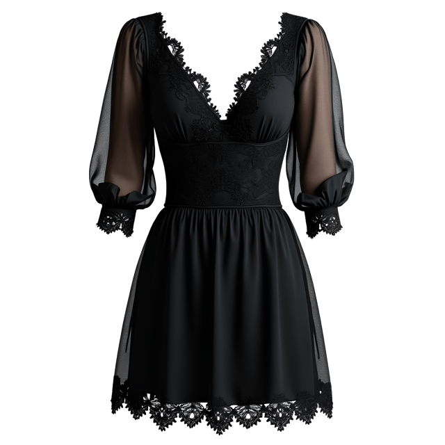 Free transparent PNG: Elegant Black Lace Dress with Puff Sleeves and Intricate Beadwork Trim
