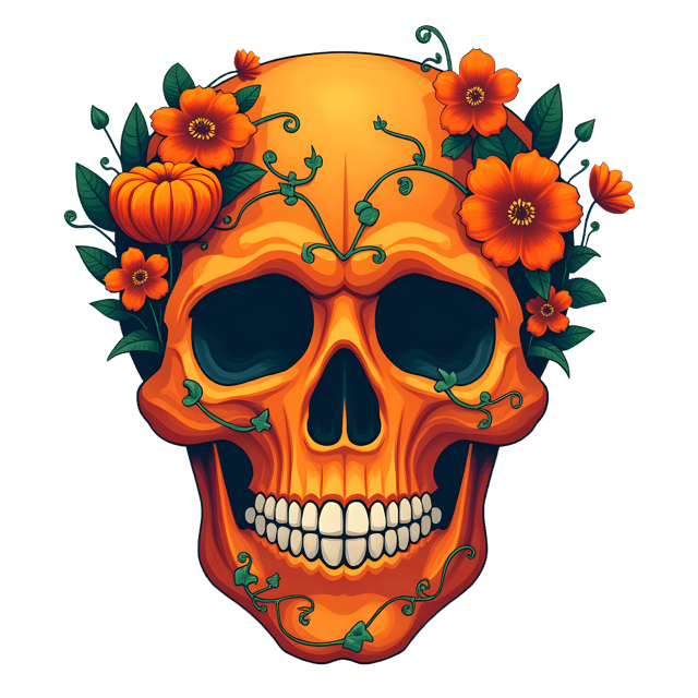 Free transparent PNG: Festive Orange Floral Skull with Pumpkins and Vines - PNG Transparent Background