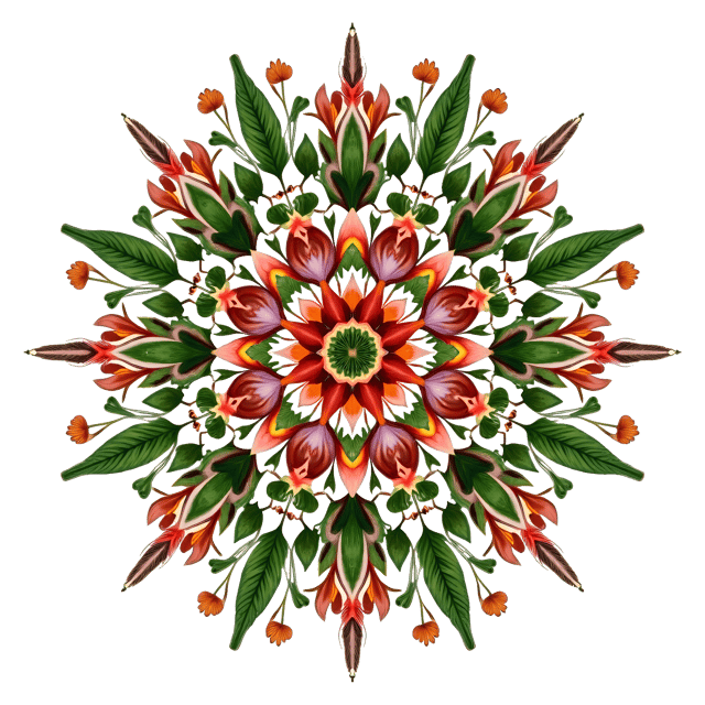 Free transparent PNG: Symmetrical Mandala with Nature Elements Leaves and Flowers Transparent Background PNG Design
