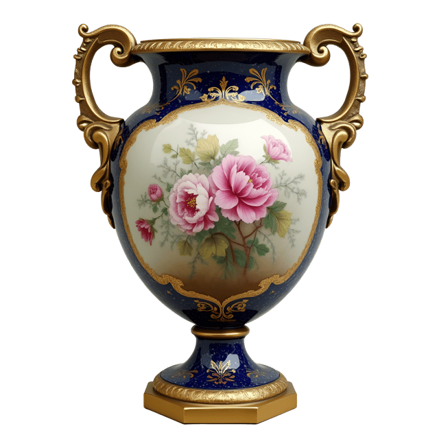 Free transparent PNG: Elegant Antique Vase with Hand-Painted Floral Scene and Lapis Lazuli Base