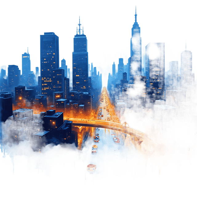Free transparent PNG: Night Cityscape with Glowing Lights Acrylic Painting on Transparent Background