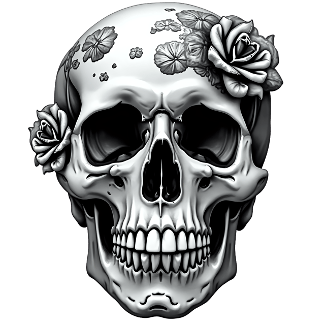 Free transparent PNG: Black and White Floral Skull with Intricate Rose Patterns PNG Design