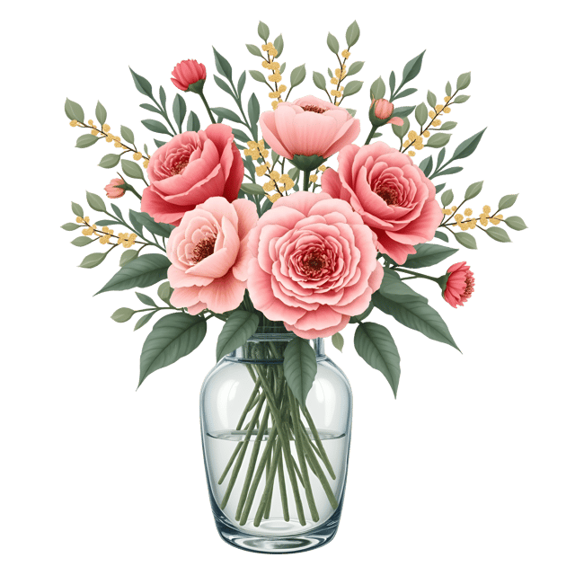 Free transparent PNG: Exquisite Flowers with Gold Accents Glass Vase Illustration