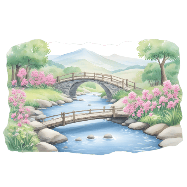 Free transparent PNG: Rustic Bridge with Delicate Pink Flowers PNG Illustration for Nature and Decorative Design