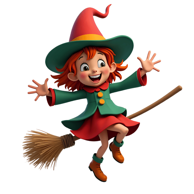 Free transparent PNG: Witch Dancing on Broomstick with Colorful Hat PNG