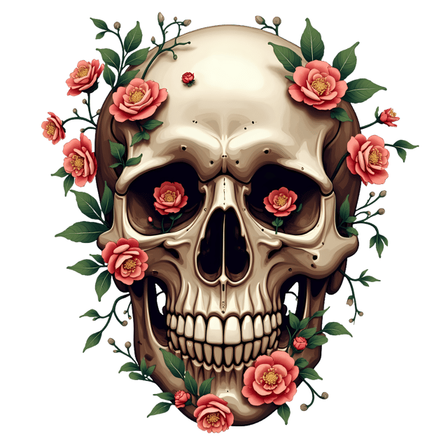 Free transparent PNG: Floral Skull Design with Blossoms and Vines on Transparent Background