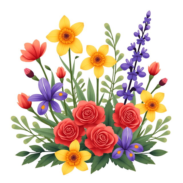Free transparent PNG: Colorful Red Roses, Yellow Daffodils, and Purple Irises Watercolor Illustration with Whimsical Cute Style