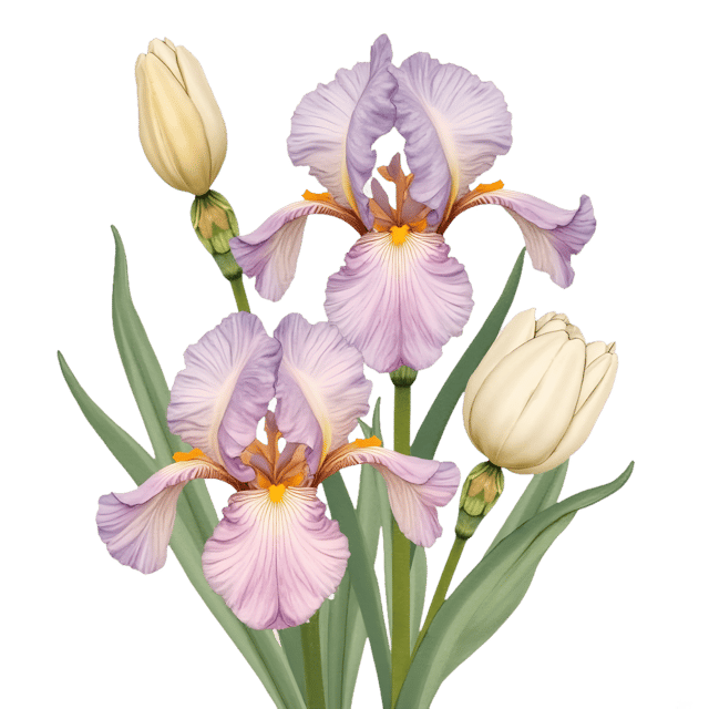Free transparent PNG: Art Nouveau Arrangement  Swirling Irises and Soft Pastel Tulips, free download png