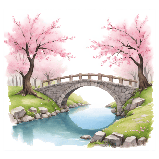 Free transparent PNG: Ancient Stone Bridge with Blooming Cherry Trees PNG