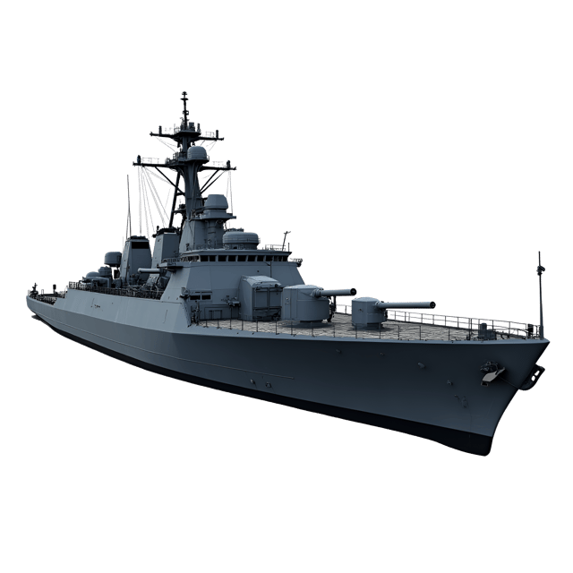 Free transparent PNG: Dark Gray Military Ship with Heavy Weaponry on White Background - Realistic Digital Illustration