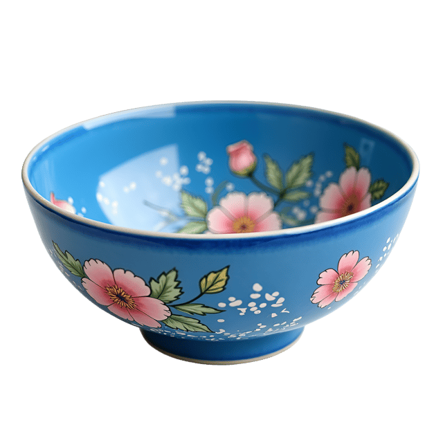 Free transparent PNG: Blue Ceramic Bowl with Hand-Painted Flowers and Smooth Rim