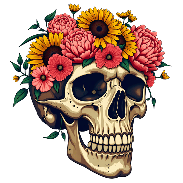 Free transparent PNG: Colorful Floral Skull with Peonies, Sunflowers, and Daisies PNG