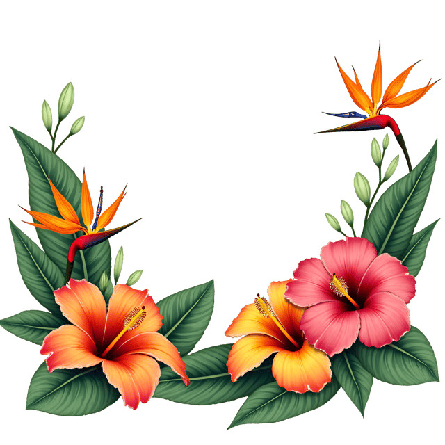 Free transparent PNG: Tropical Flower Border with Hibiscus, Orchids, and Bird-of-Paradise Illustration