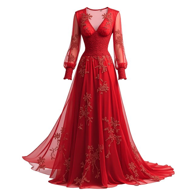 Free transparent PNG: Vibrant Red Long-Sleeve Floral Print Dress Isolated on White Background