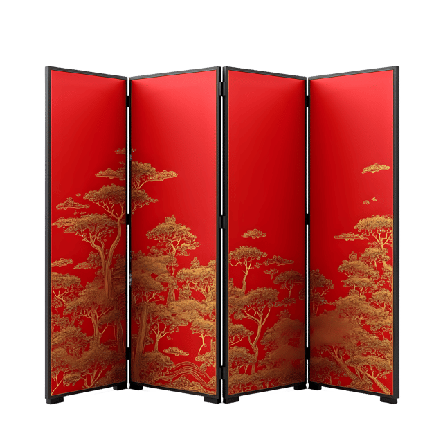 Free transparent PNG: Red-and-Gold Folding Screens with Chinese Landscapes