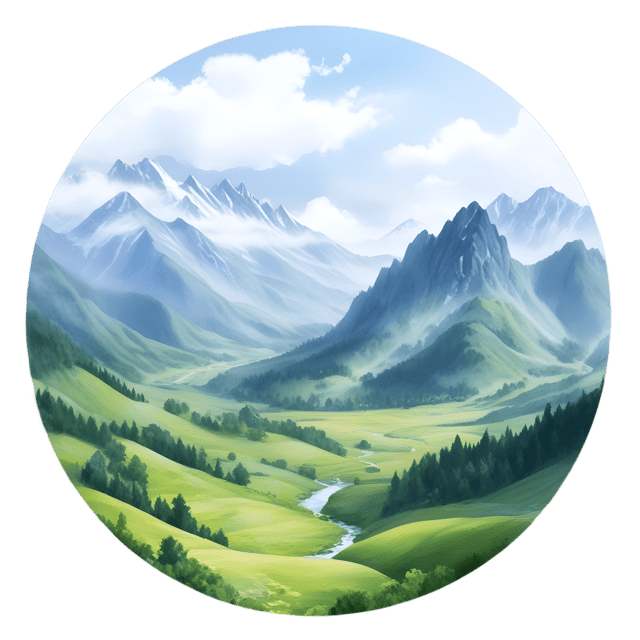 Free transparent PNG: Misty Mountains and Idyllic Valley Circle PNG Illustration for Nature Scenes and Decor