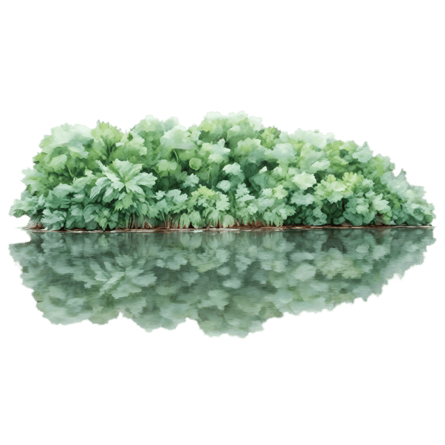Free transparent PNG: Lush Greenery and Still Pond Reflection PNG Illustration for Nature-themed Decor and Art